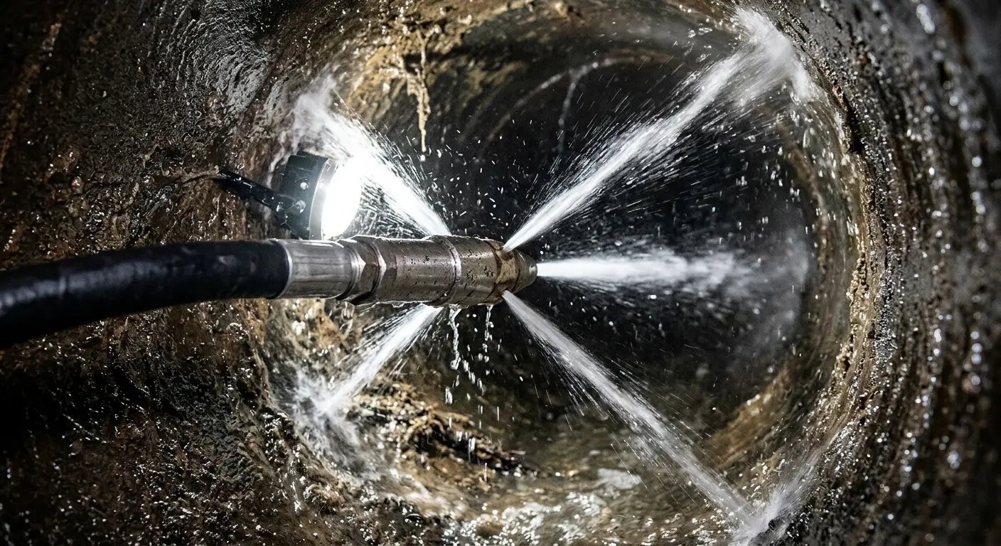 High-pressure hydro jetting nozzle cleaning sewer pipe for Sewer Cleanout in Cotati