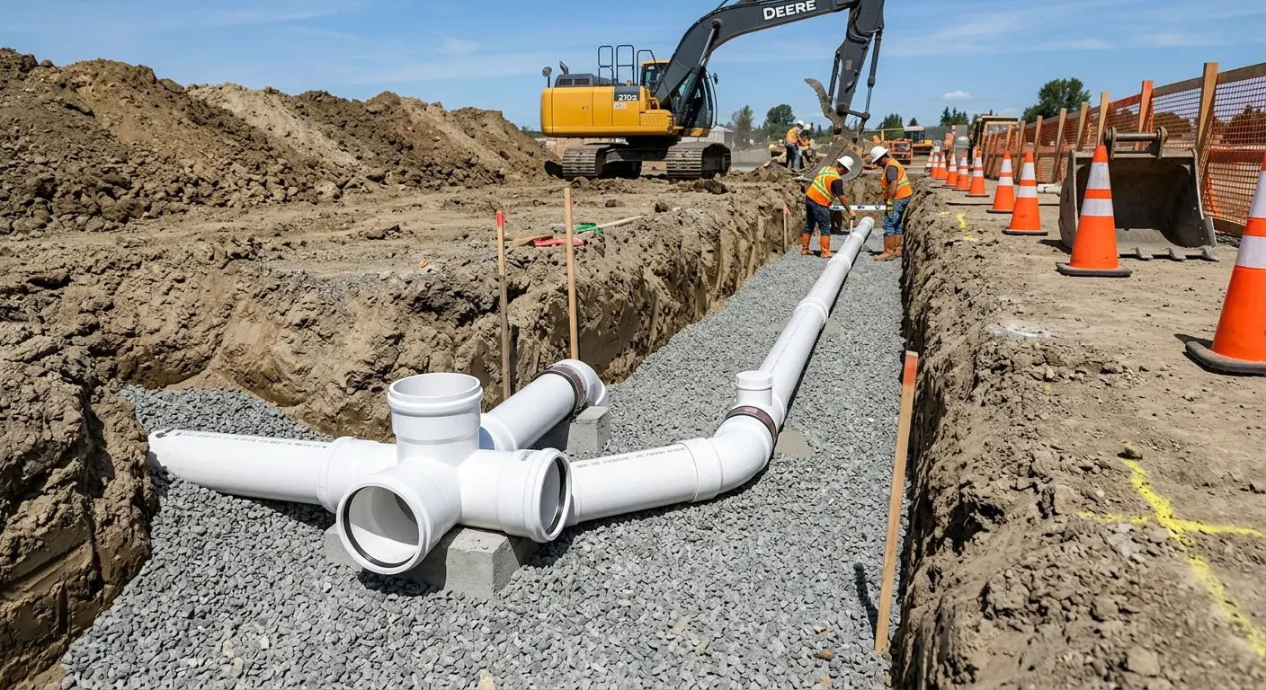 New PVC sewer pipe installation in open trench for Sewer Backup in Cotati