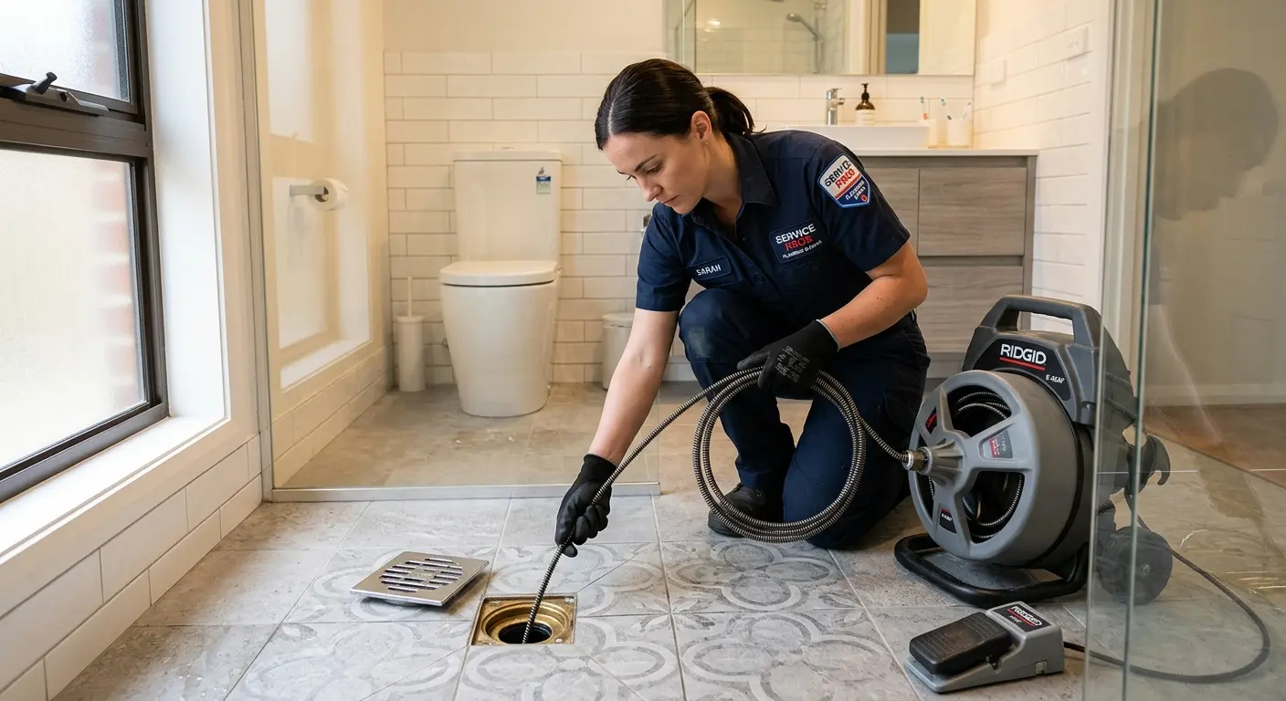 Technician clearing a bathroom floor drain for Drain Cleaning in Cotati